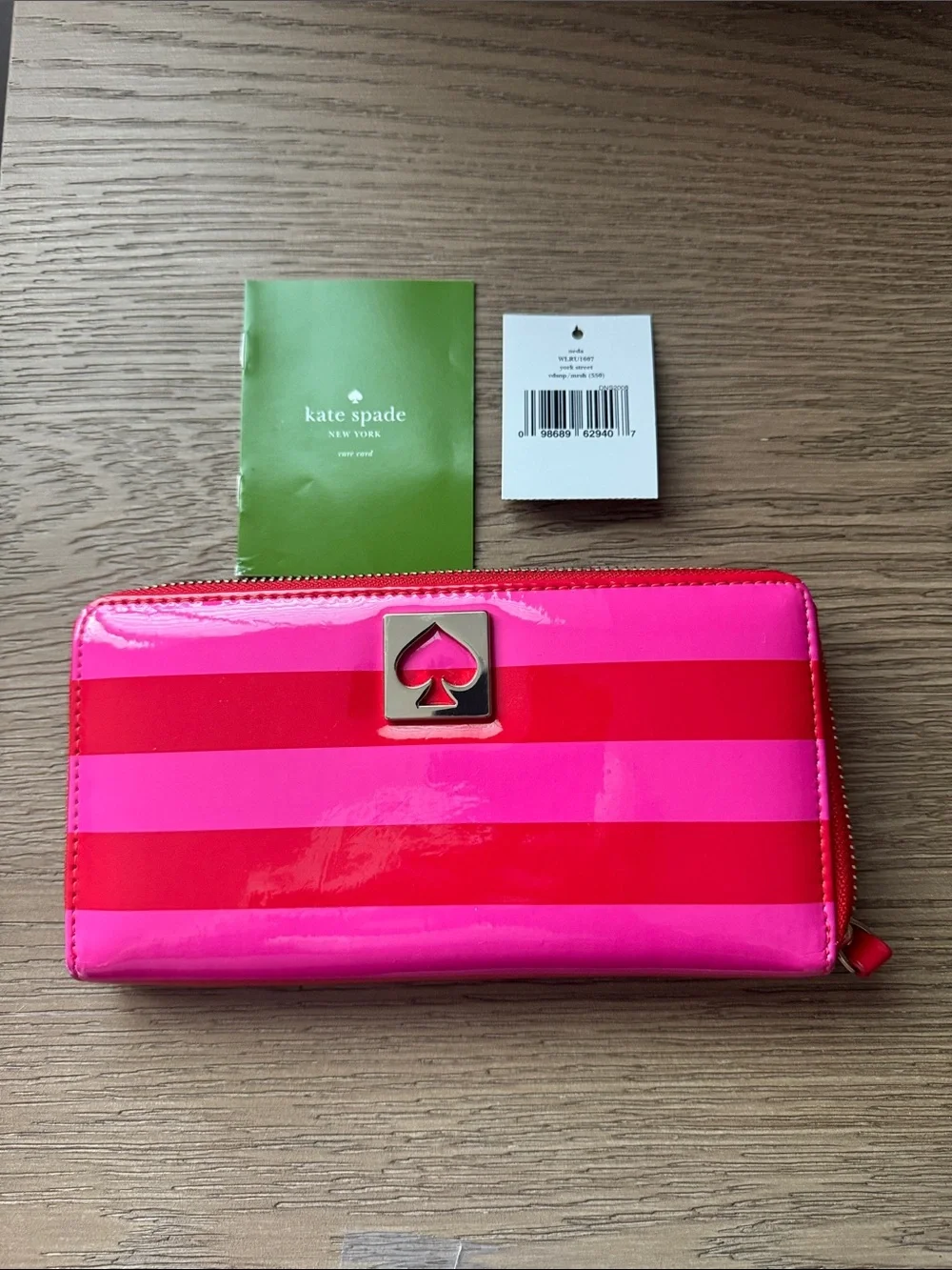 kate spade Pink and Red Stripe Patent Zip Wallet